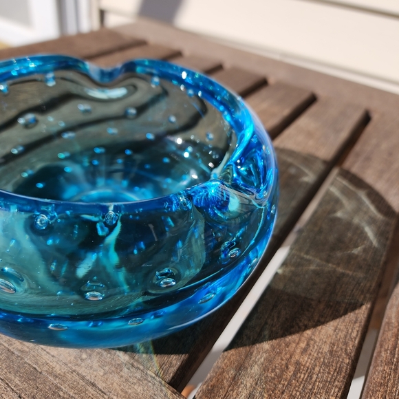 Vintage MCM Blenko Glass Ashtray Blue Controlled Seeded Bubble B-508 1950’s - Picture 2 of 15